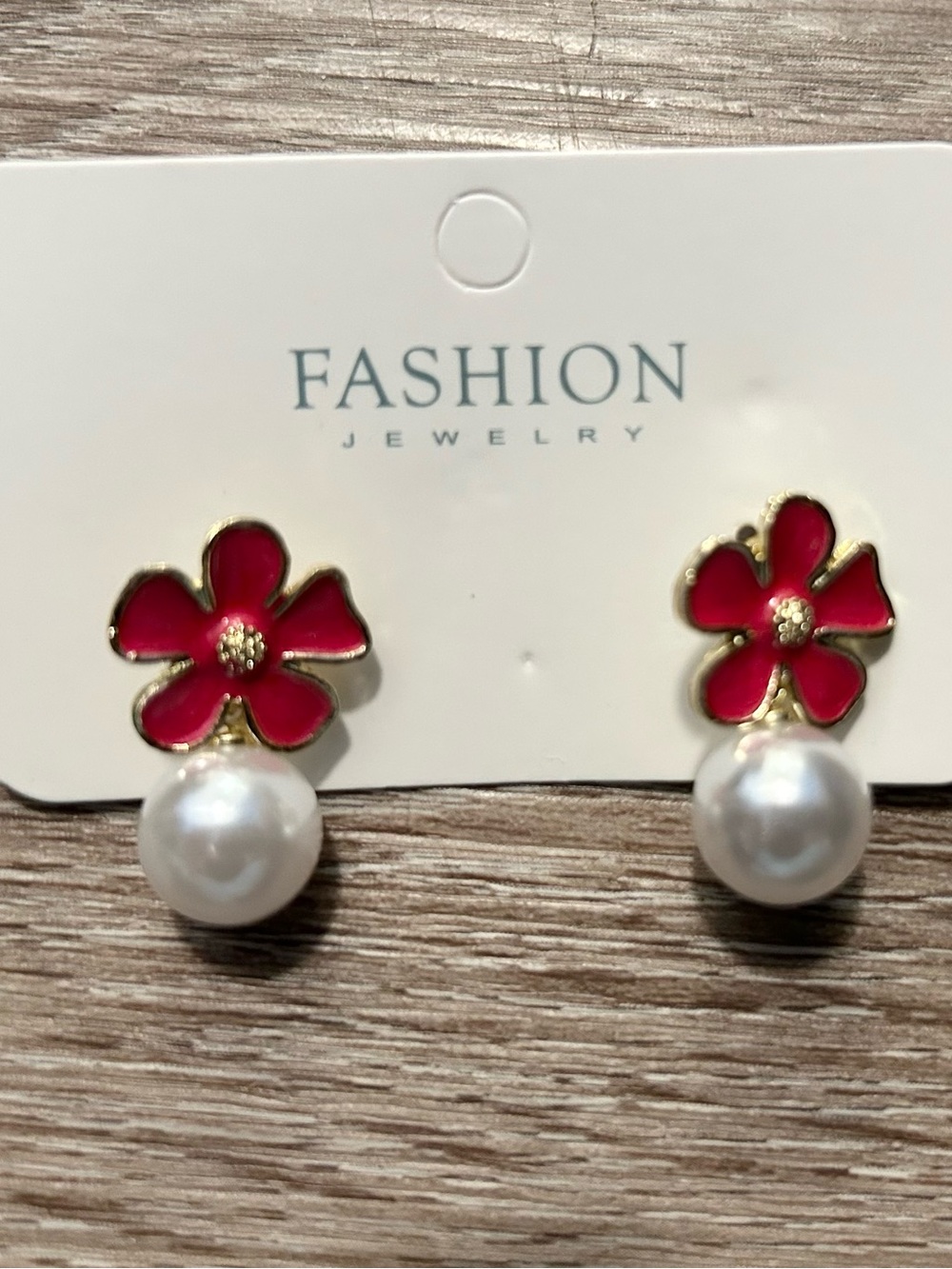 Red Flower Faux Pearl Drop Earrings